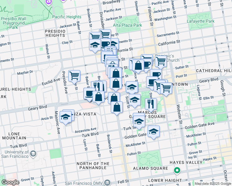 map of restaurants, bars, coffee shops, grocery stores, and more near 2186 Geary Boulevard in San Francisco