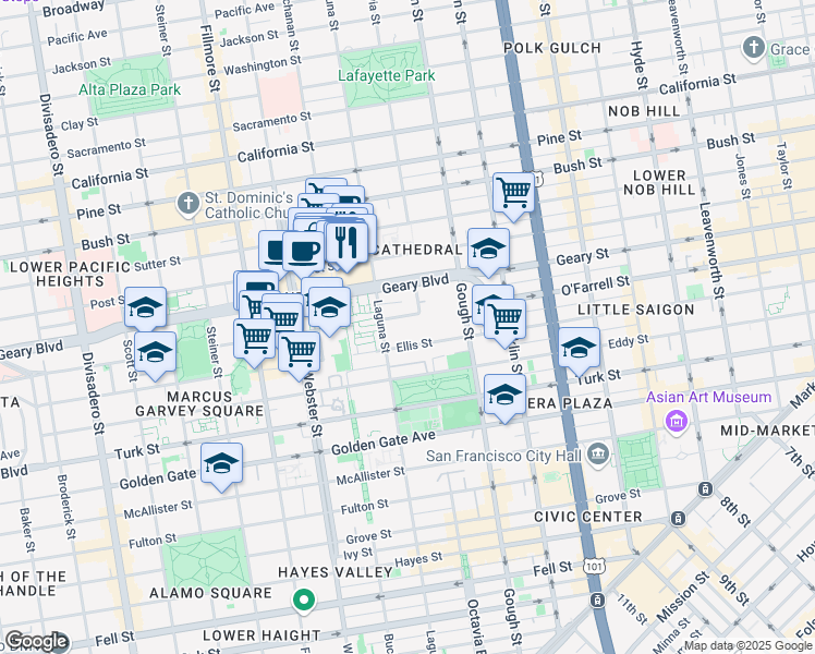 map of restaurants, bars, coffee shops, grocery stores, and more near 1250 Ellis Street in San Francisco