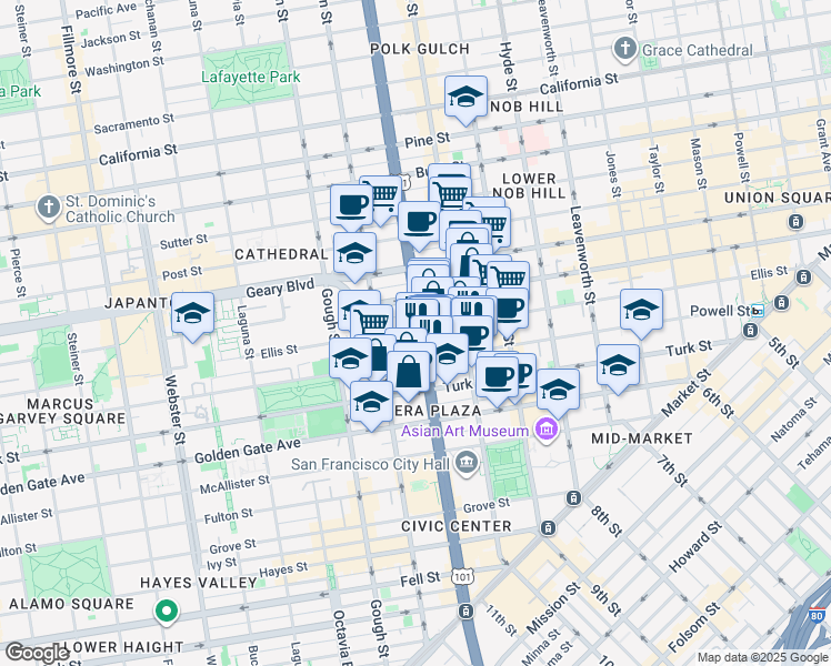 map of restaurants, bars, coffee shops, grocery stores, and more near in San Francisco
