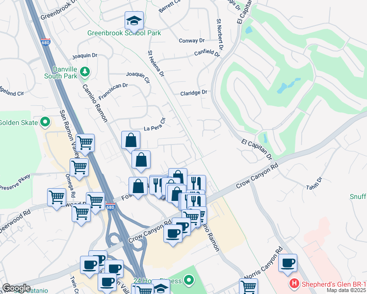 map of restaurants, bars, coffee shops, grocery stores, and more near 1133 Silverwood Court in Danville