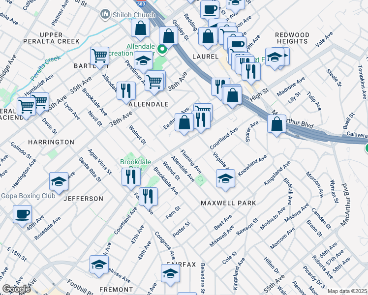 map of restaurants, bars, coffee shops, grocery stores, and more near 2820 High Street in Oakland