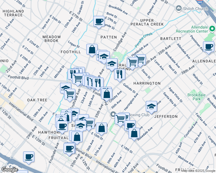 map of restaurants, bars, coffee shops, grocery stores, and more near 3430 Alexander Court in Oakland