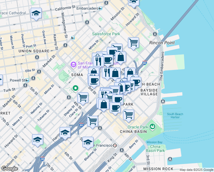 map of restaurants, bars, coffee shops, grocery stores, and more near 631 Harrison Street in San Francisco