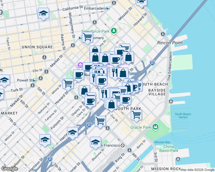 map of restaurants, bars, coffee shops, grocery stores, and more near 170 Hawthorne Street in San Francisco