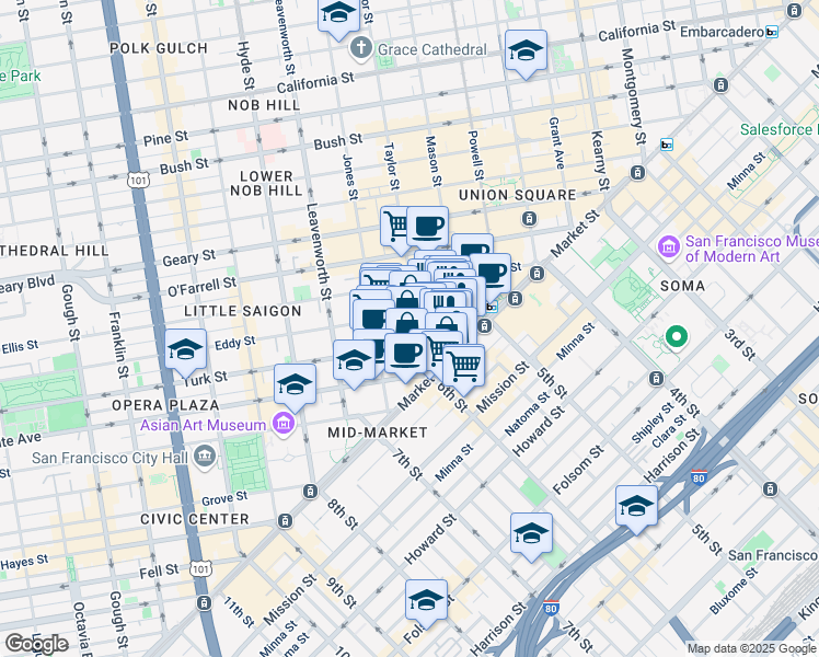 map of restaurants, bars, coffee shops, grocery stores, and more near 240 Jones Street in San Francisco
