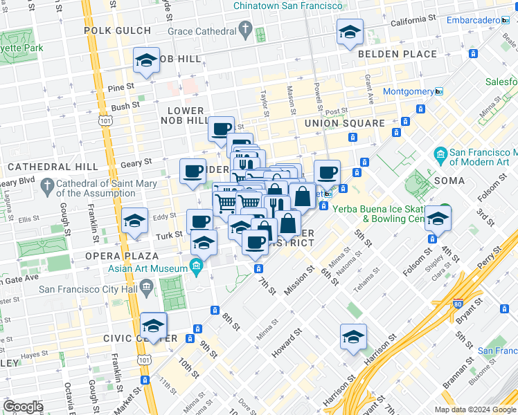 map of restaurants, bars, coffee shops, grocery stores, and more near 220 Jones Street in San Francisco