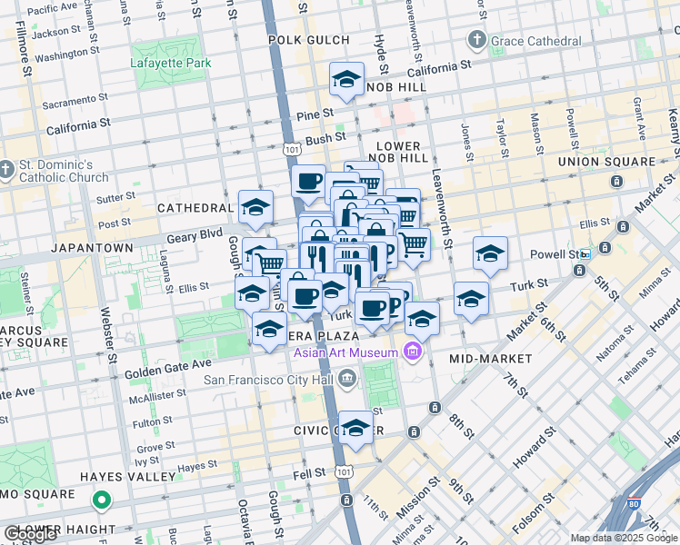 map of restaurants, bars, coffee shops, grocery stores, and more near 700 Eddy Street in San Francisco