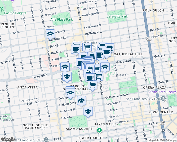 map of restaurants, bars, coffee shops, grocery stores, and more near 1445 Fillmore Street in San Francisco