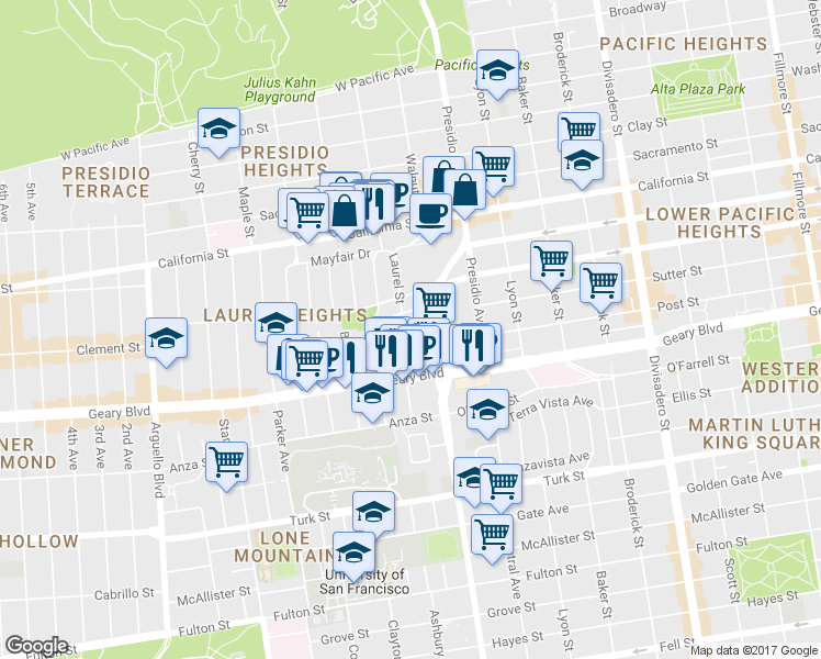 map of restaurants, bars, coffee shops, grocery stores, and more near 15 Wood Street in San Francisco