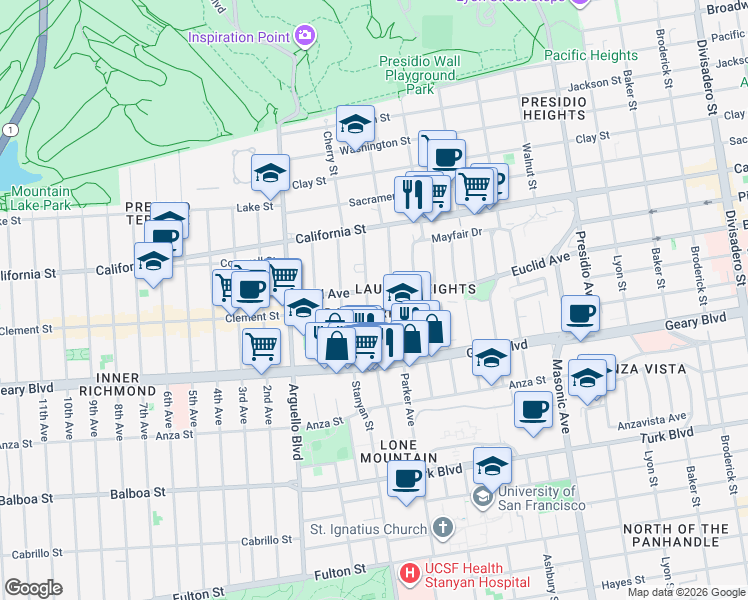 map of restaurants, bars, coffee shops, grocery stores, and more near 118 Commonwealth Avenue in San Francisco