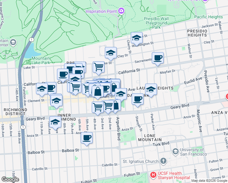 map of restaurants, bars, coffee shops, grocery stores, and more near 126 Clement Street in San Francisco