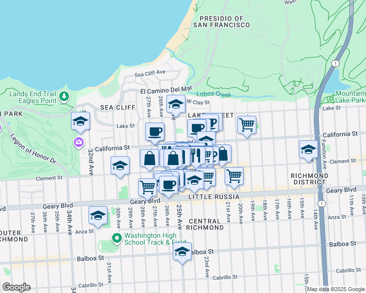 map of restaurants, bars, coffee shops, grocery stores, and more near 317 24th Avenue in San Francisco