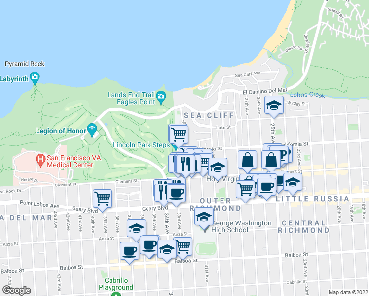 map of restaurants, bars, coffee shops, grocery stores, and more near 7015 California Street in San Francisco