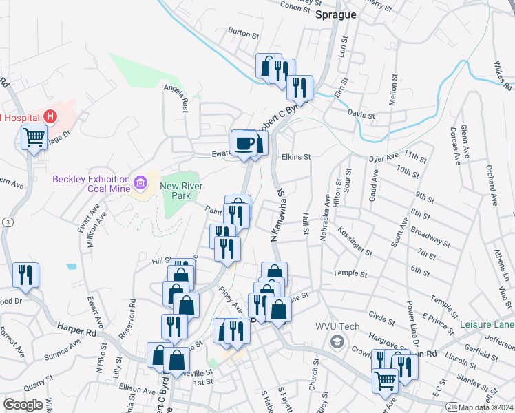 map of restaurants, bars, coffee shops, grocery stores, and more near 108 Beverley Street in Beckley