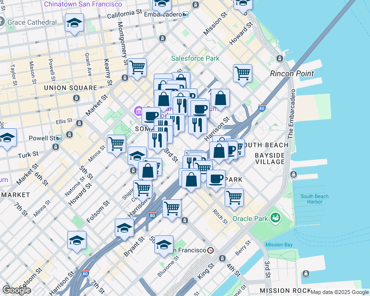 map of restaurants, bars, coffee shops, grocery stores, and more near 170 Hawthorne Street in San Francisco