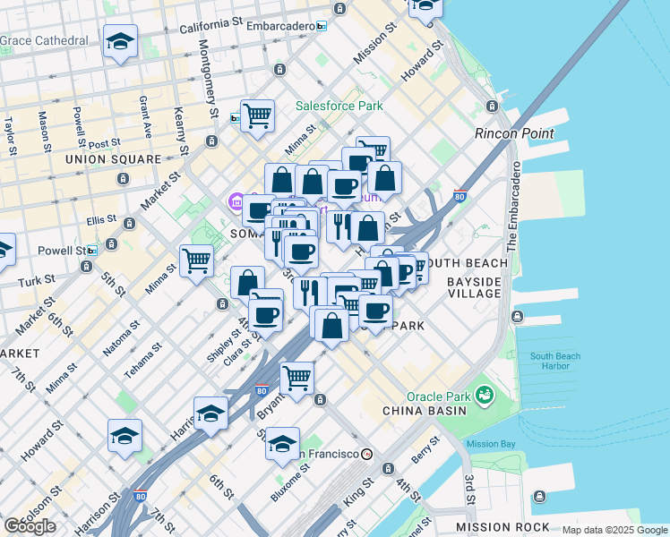 map of restaurants, bars, coffee shops, grocery stores, and more near 170 Hawthorne Street in San Francisco