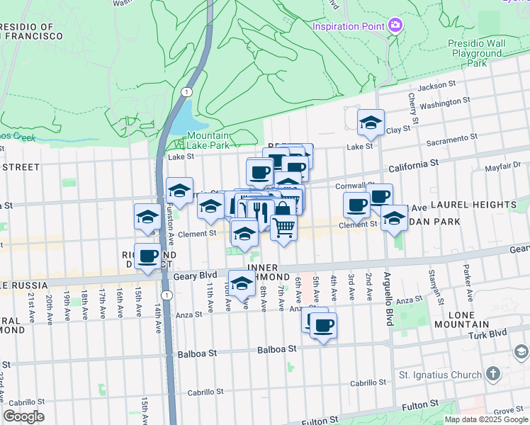 map of restaurants, bars, coffee shops, grocery stores, and more near 254 8th Avenue in San Francisco