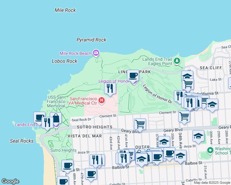 map of restaurants, bars, coffee shops, grocery stores, and more near 4150 Clement Street in San Francisco