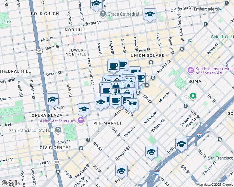 map of restaurants, bars, coffee shops, grocery stores, and more near 240 Jones Street in San Francisco