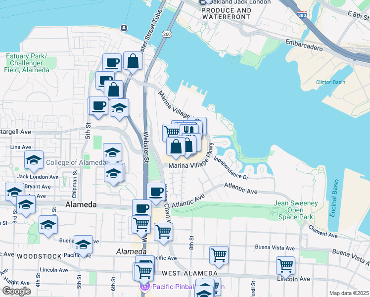 map of restaurants, bars, coffee shops, grocery stores, and more near 901 Marina Village Pkwy in Alameda