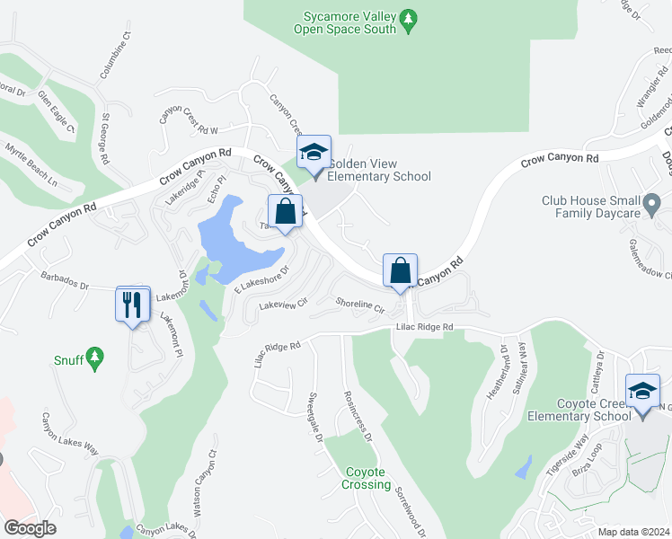 map of restaurants, bars, coffee shops, grocery stores, and more near 6230 Lakeview Circle in San Ramon