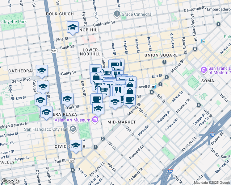 map of restaurants, bars, coffee shops, grocery stores, and more near 347 Eddy Street in San Francisco