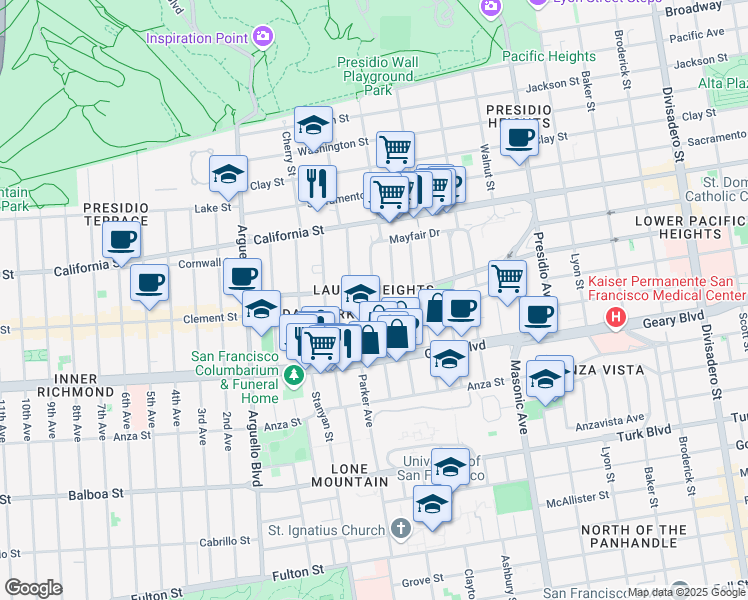 map of restaurants, bars, coffee shops, grocery stores, and more near 617 Spruce Street in San Francisco