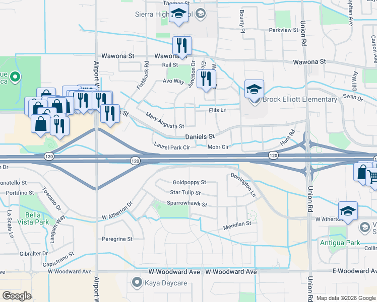 map of restaurants, bars, coffee shops, grocery stores, and more near 1226 Laurel Park Circle in Manteca