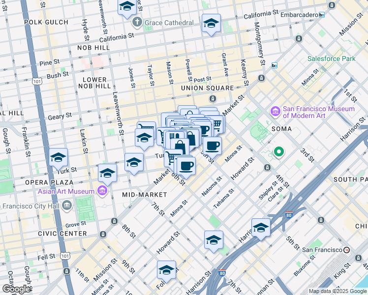 map of restaurants, bars, coffee shops, grocery stores, and more near in San Francisco