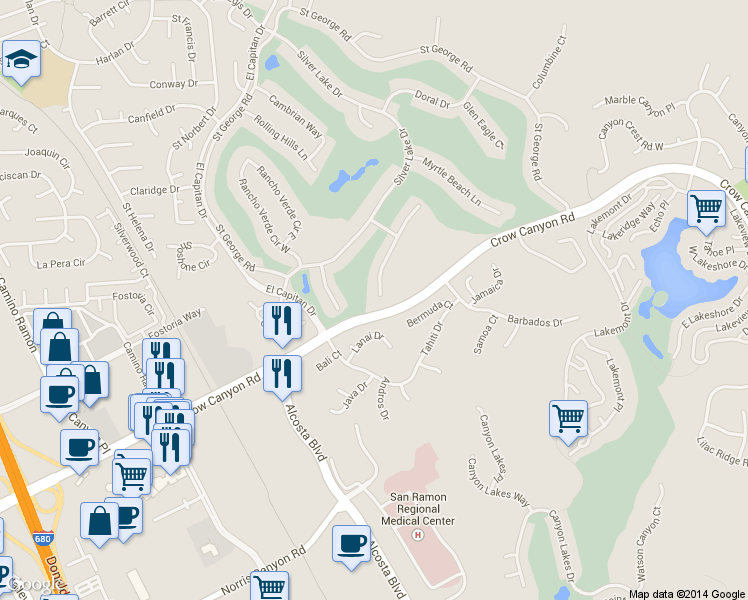 map of restaurants, bars, coffee shops, grocery stores, and more near 601 South Paradise Valley Court in Danville
