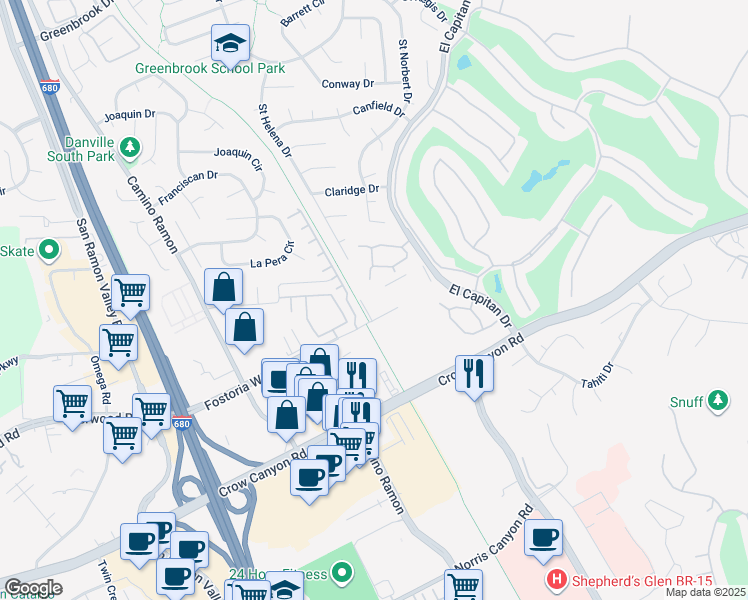 map of restaurants, bars, coffee shops, grocery stores, and more near 3406 Fostoria Way in Danville