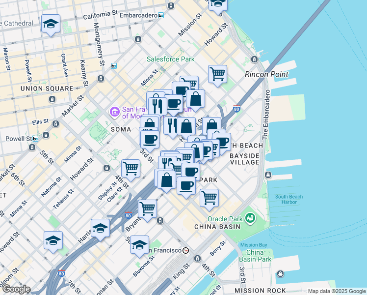 map of restaurants, bars, coffee shops, grocery stores, and more near 631 Harrison Street in San Francisco