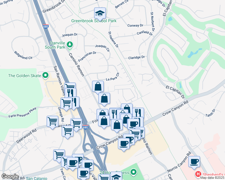 map of restaurants, bars, coffee shops, grocery stores, and more near 1981 Camino Ramon in Danville