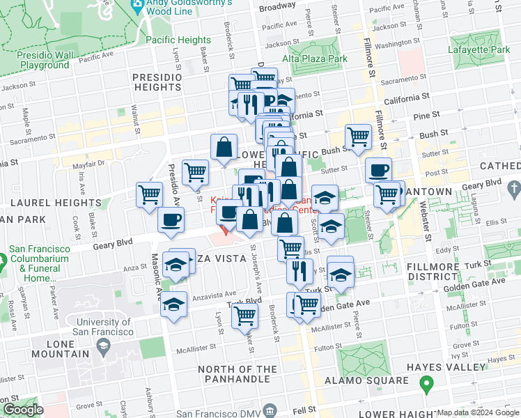map of restaurants, bars, coffee shops, grocery stores, and more near 88 Garden Street in San Francisco