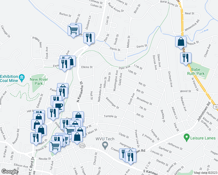 map of restaurants, bars, coffee shops, grocery stores, and more near 101 Sour Street in Beckley
