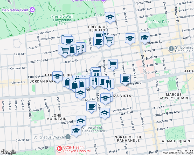map of restaurants, bars, coffee shops, grocery stores, and more near 3 Masonic Avenue in San Francisco