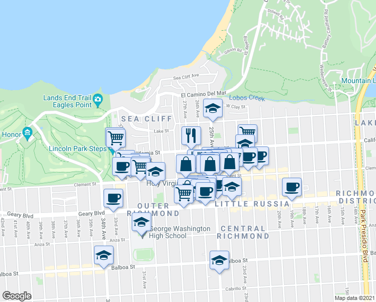 map of restaurants, bars, coffee shops, grocery stores, and more near California St & 27th Ave in San Francisco