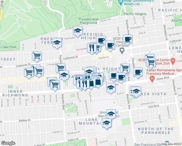map of restaurants, bars, coffee shops, grocery stores, and more near 617 Spruce Street in San Francisco