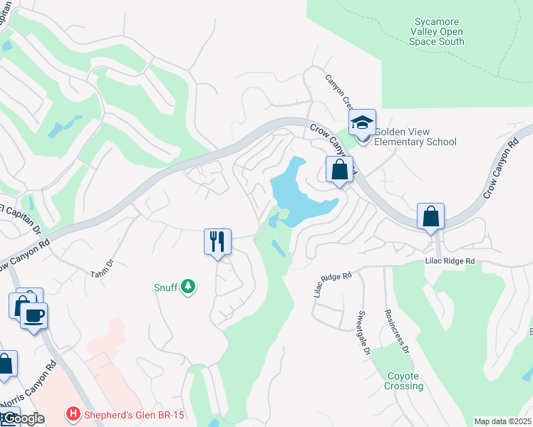 map of restaurants, bars, coffee shops, grocery stores, and more near 20 Eagle Lake Lane in San Ramon