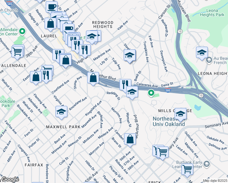 map of restaurants, bars, coffee shops, grocery stores, and more near 4771 Redding Street in Oakland