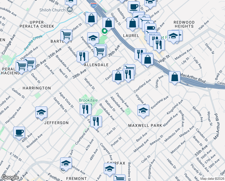 map of restaurants, bars, coffee shops, grocery stores, and more near 2820 High Street in Oakland