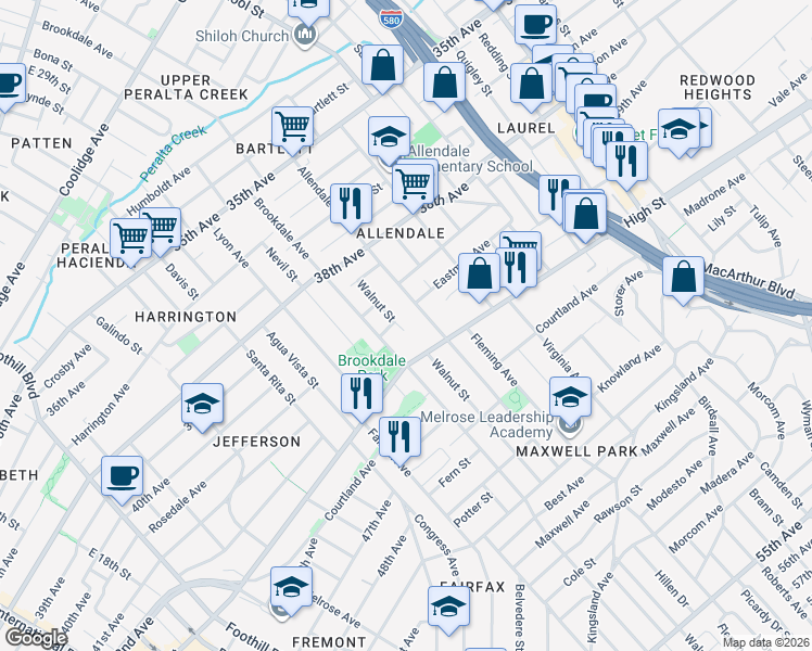 map of restaurants, bars, coffee shops, grocery stores, and more near 2701 High Street in Oakland