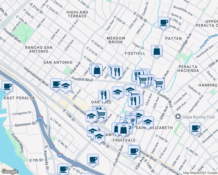 map of restaurants, bars, coffee shops, grocery stores, and more near 1751 28th Avenue in Oakland