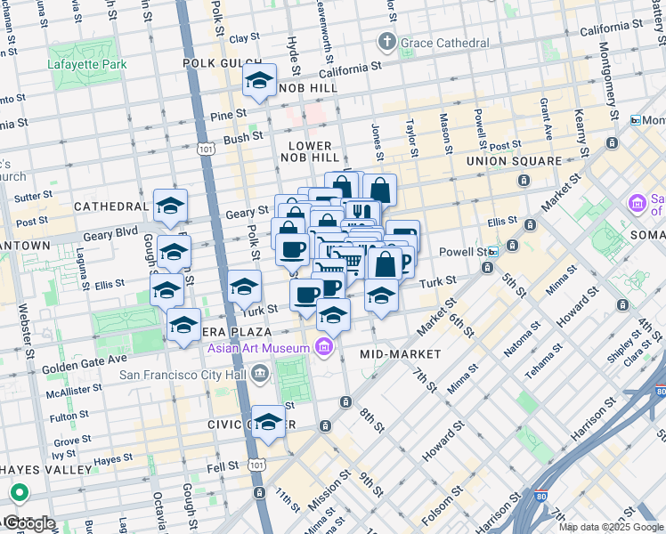 map of restaurants, bars, coffee shops, grocery stores, and more near 455 Eddy Street in San Francisco