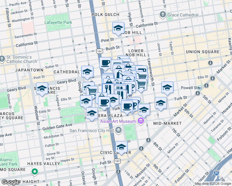 map of restaurants, bars, coffee shops, grocery stores, and more near 700 Eddy Street in San Francisco