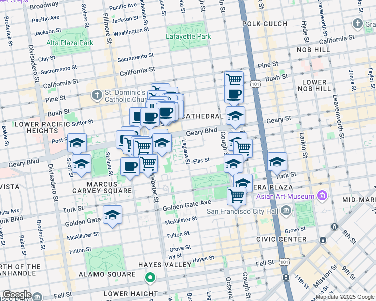 map of restaurants, bars, coffee shops, grocery stores, and more near 1250 Ellis Street in San Francisco