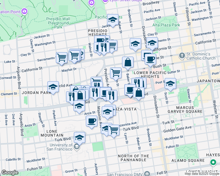 map of restaurants, bars, coffee shops, grocery stores, and more near 949 Presidio Avenue in San Francisco