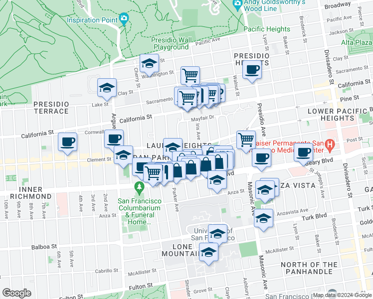 map of restaurants, bars, coffee shops, grocery stores, and more near 17-19 Cook Street in San Francisco