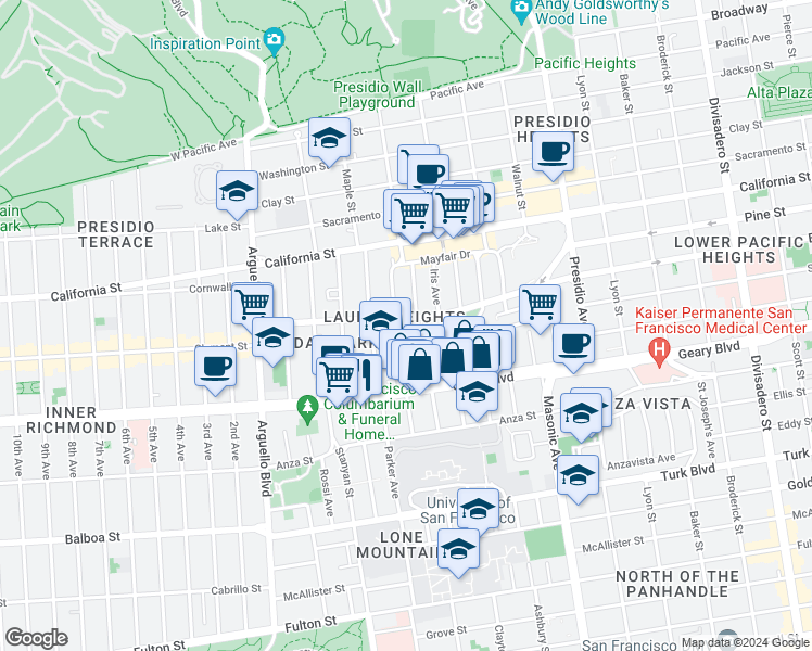 map of restaurants, bars, coffee shops, grocery stores, and more near 17-19 Cook Street in San Francisco