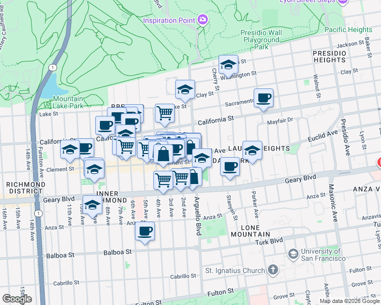 map of restaurants, bars, coffee shops, grocery stores, and more near 126 Clement Street in San Francisco